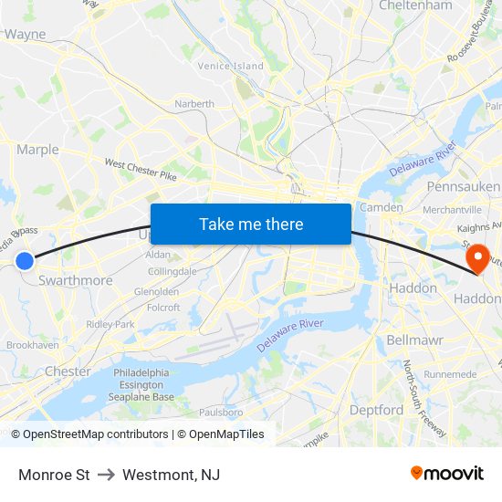 Monroe St to Westmont, NJ map