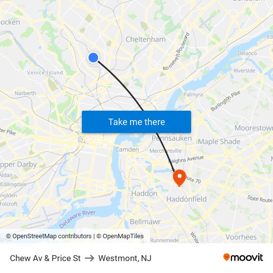 Chew Av & Price St to Westmont, NJ map