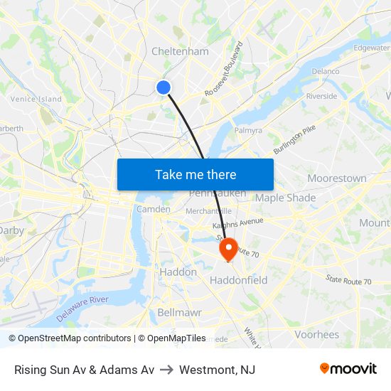 Rising Sun Av & Adams Av to Westmont, NJ map