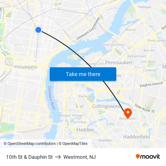 10th St & Dauphin St to Westmont, NJ map