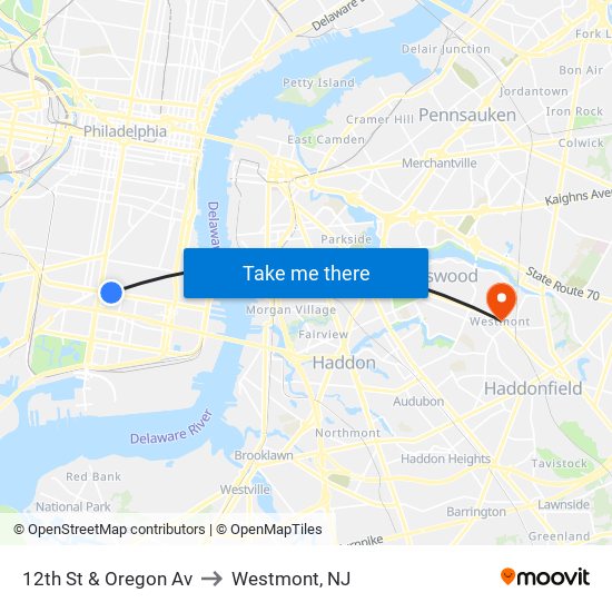 12th St & Oregon Av to Westmont, NJ map