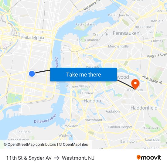 11th St & Snyder Av to Westmont, NJ map