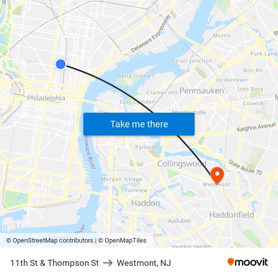 11th St & Thompson St to Westmont, NJ map