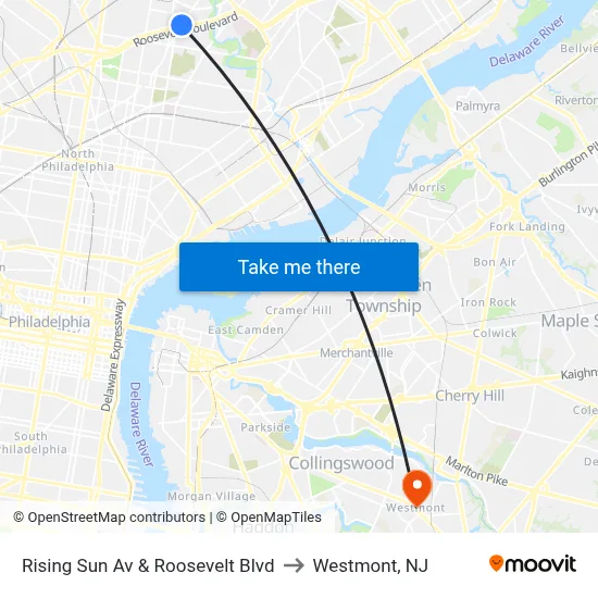 Rising Sun Av & Roosevelt Blvd to Westmont, NJ map