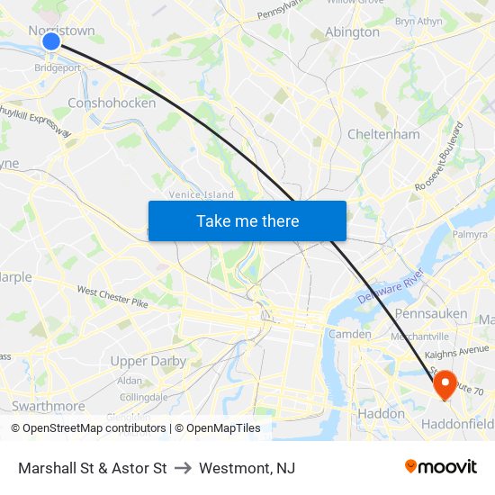 Marshall St & Astor St to Westmont, NJ map