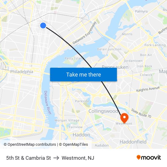 5th St & Cambria St to Westmont, NJ map