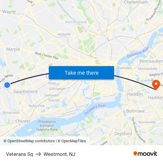 Veterans Sq to Westmont, NJ map