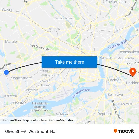 Olive St to Westmont, NJ map