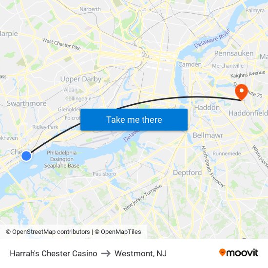 Harrah's Chester Casino to Westmont, NJ map