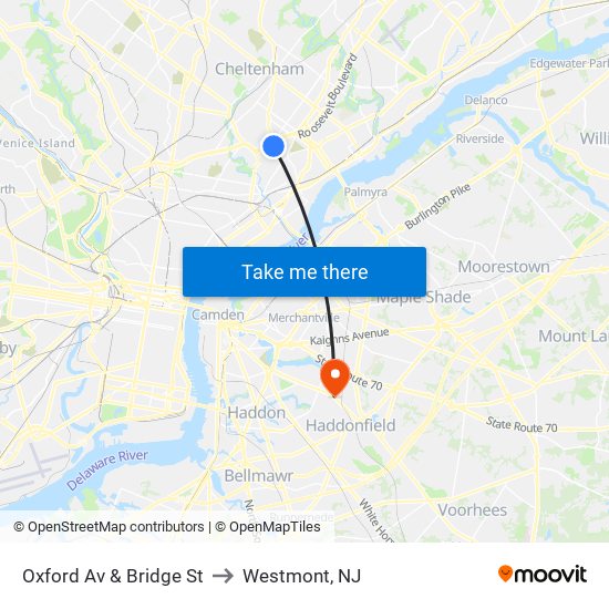 Oxford Av & Bridge St to Westmont, NJ map