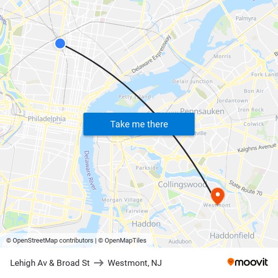 Lehigh Av & Broad St to Westmont, NJ map