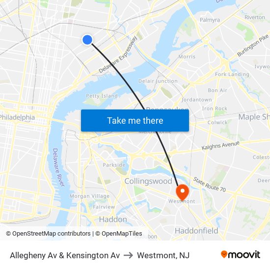 Allegheny Av & Kensington Av to Westmont, NJ map