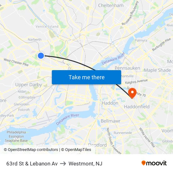 63rd St & Lebanon Av to Westmont, NJ map