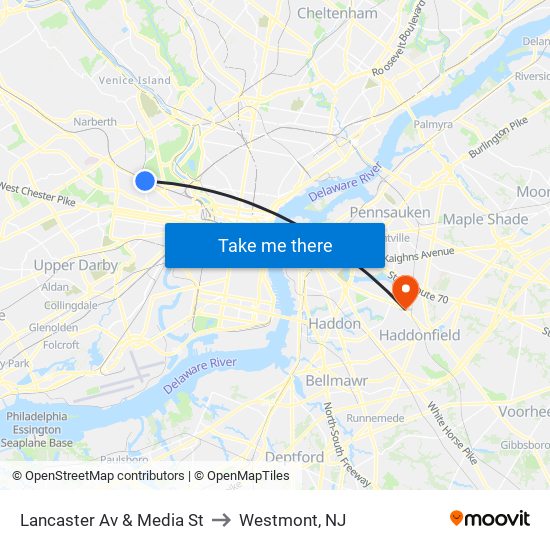 Lancaster Av & Media St to Westmont, NJ map