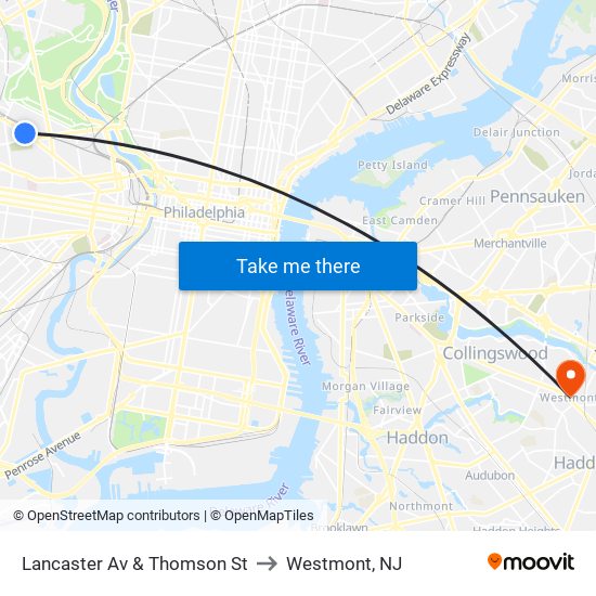 Lancaster Av & Thomson St to Westmont, NJ map