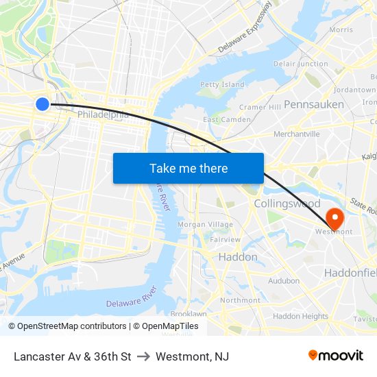 Lancaster Av & 36th St to Westmont, NJ map