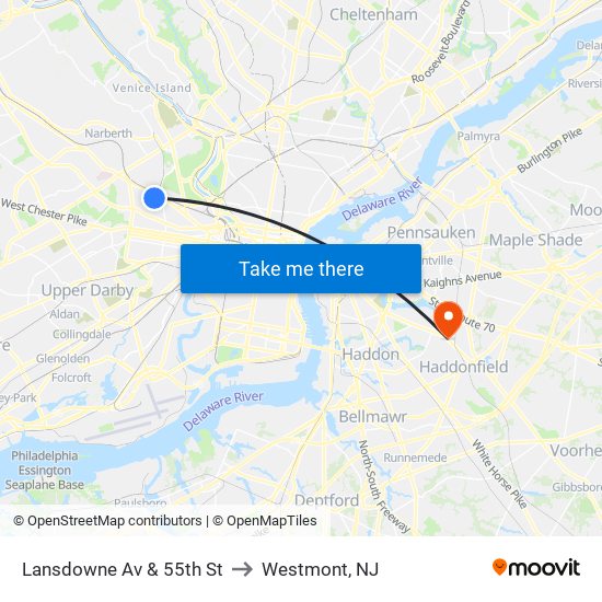 Lansdowne Av & 55th St to Westmont, NJ map
