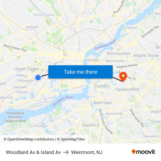 Woodland Av & Island Av to Westmont, NJ map