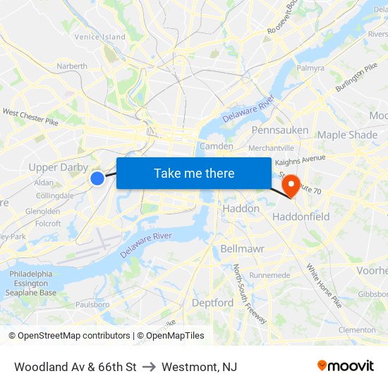 Woodland Av & 66th St to Westmont, NJ map