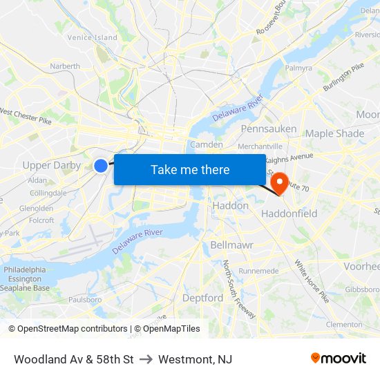 Woodland Av & 58th St to Westmont, NJ map