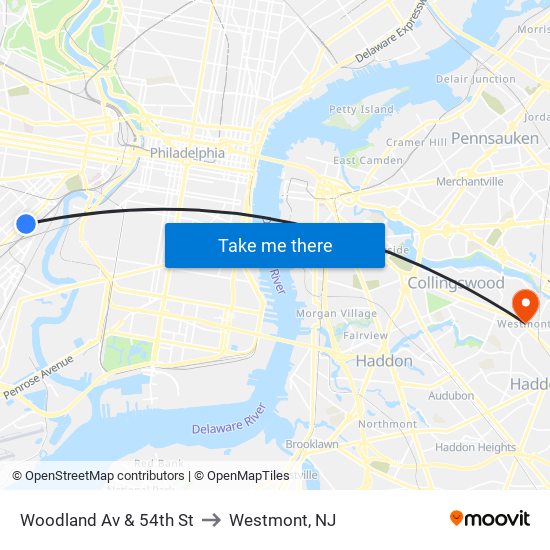 Woodland Av & 54th St to Westmont, NJ map