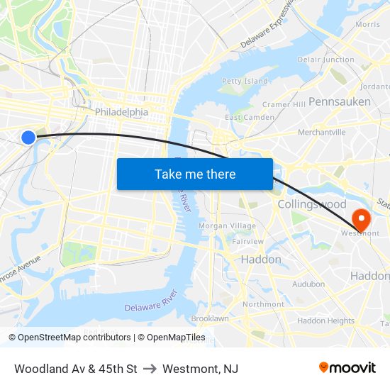 Woodland Av & 45th St to Westmont, NJ map