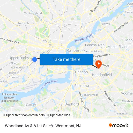 Woodland Av & 61st St to Westmont, NJ map