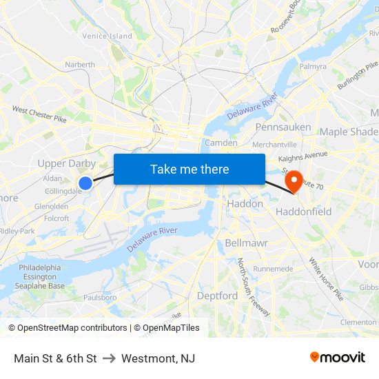 Main St & 6th St to Westmont, NJ map