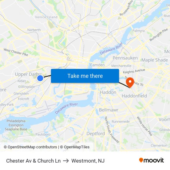 Chester Av & Church Ln to Westmont, NJ map
