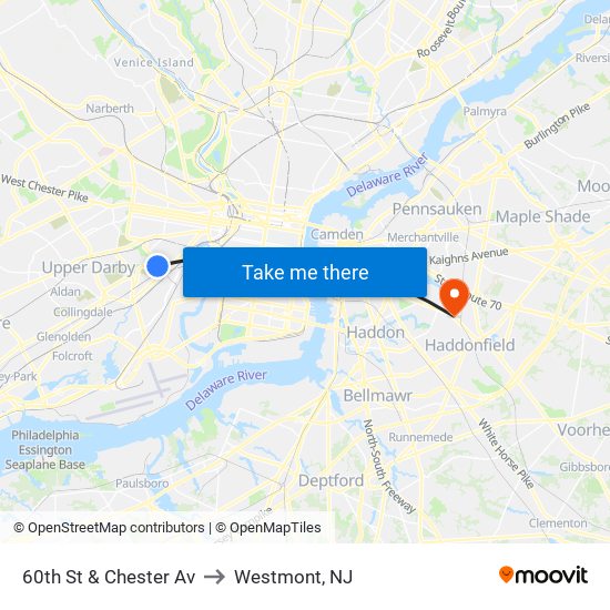 60th St & Chester Av to Westmont, NJ map