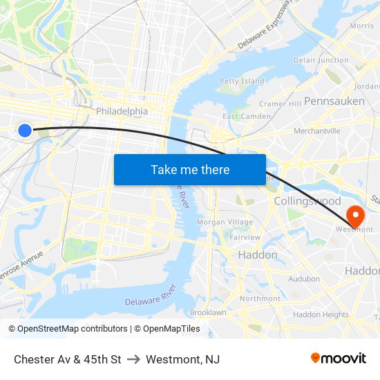 Chester Av & 45th St to Westmont, NJ map