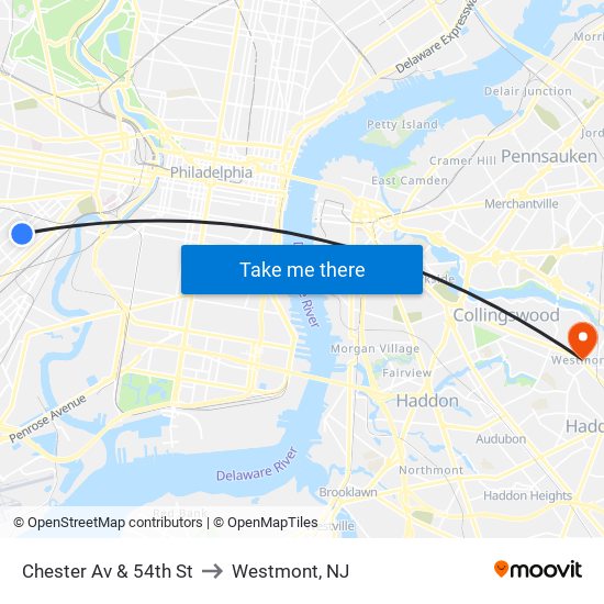 Chester Av & 54th St to Westmont, NJ map