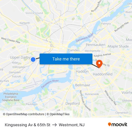 Kingsessing Av & 65th St to Westmont, NJ map