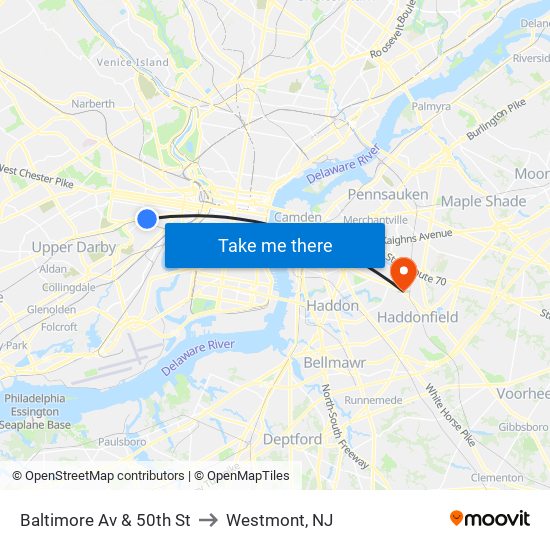 Baltimore Av & 50th St to Westmont, NJ map