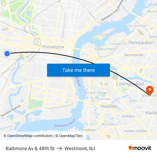 Baltimore Av & 48th St to Westmont, NJ map