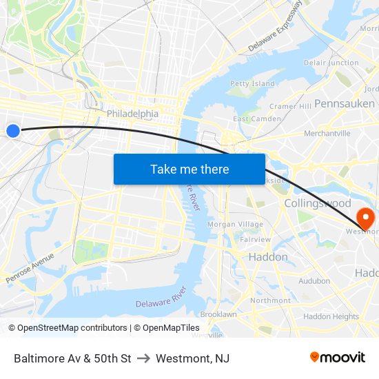 Baltimore Av & 50th St to Westmont, NJ map