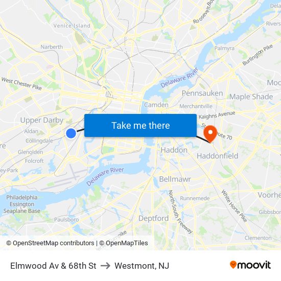 Elmwood Av & 68th St to Westmont, NJ map