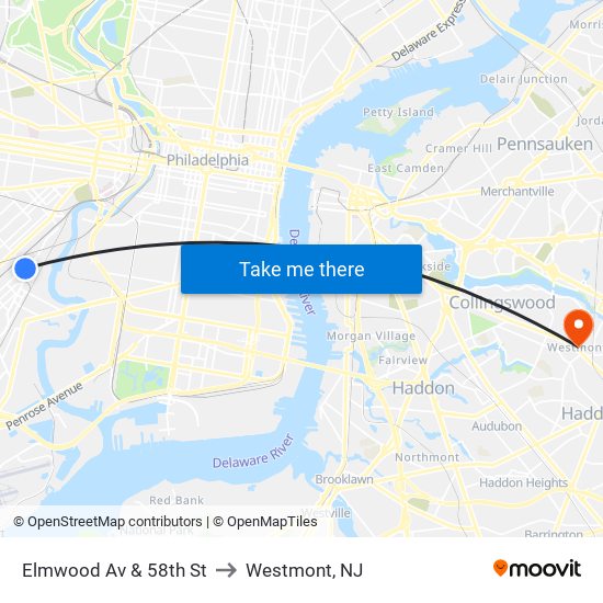 Elmwood Av & 58th St to Westmont, NJ map