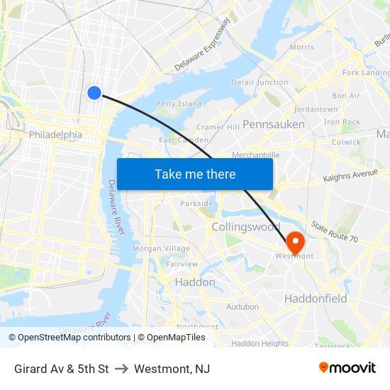 Girard Av & 5th St to Westmont, NJ map