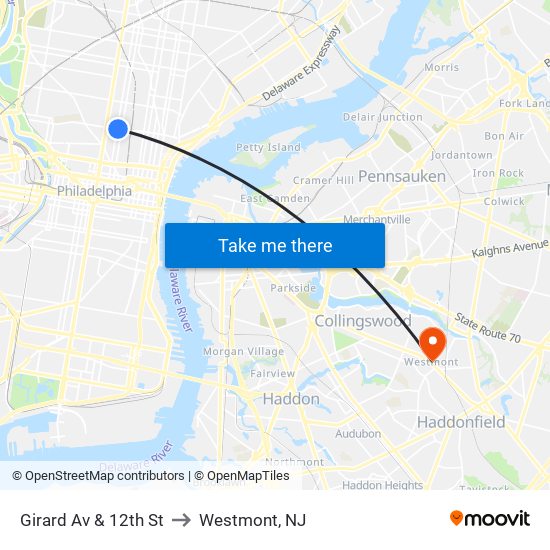 Girard Av & 12th St to Westmont, NJ map