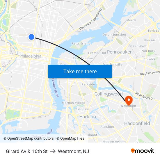 Girard Av & 16th St to Westmont, NJ map