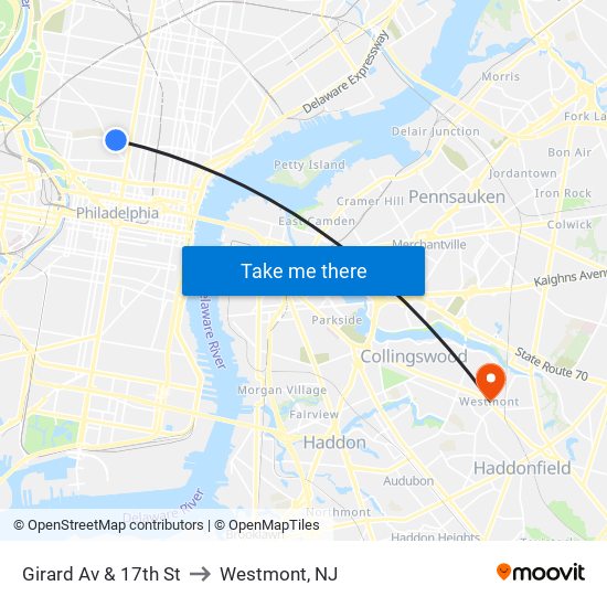 Girard Av & 17th St to Westmont, NJ map