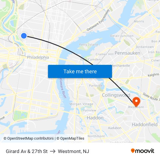 Girard Av & 27th St to Westmont, NJ map