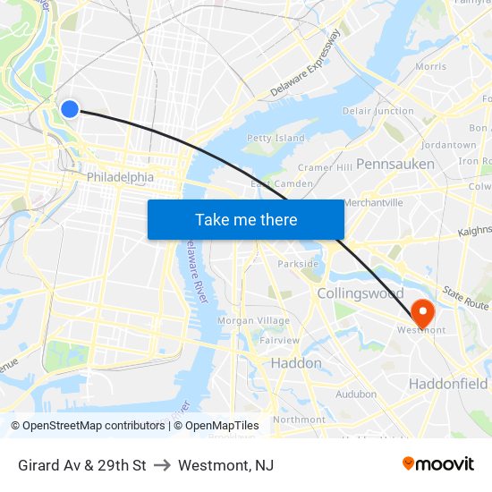 Girard Av & 29th St to Westmont, NJ map