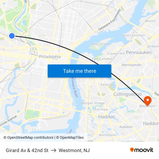 Girard Av & 42nd St to Westmont, NJ map