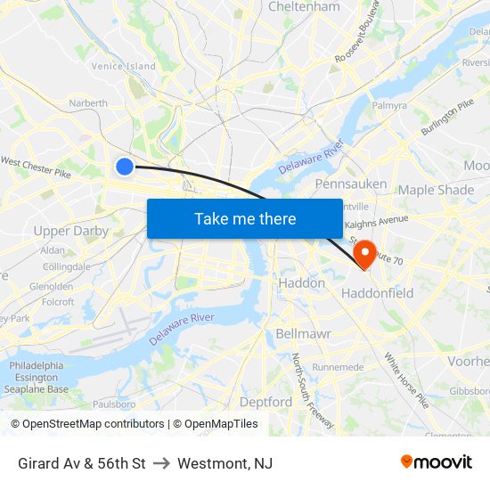 Girard Av & 56th St to Westmont, NJ map