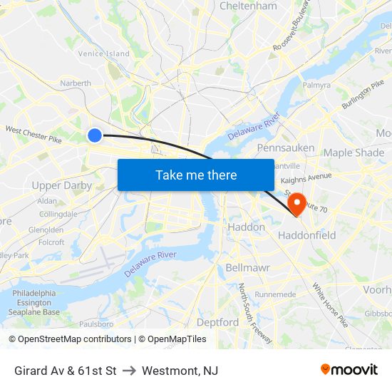 Girard Av & 61st St to Westmont, NJ map