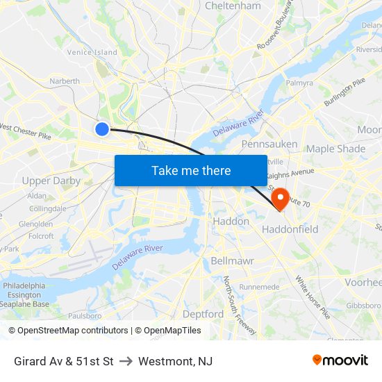 Girard Av & 51st St to Westmont, NJ map