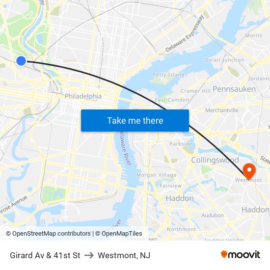 Girard Av & 41st St to Westmont, NJ map