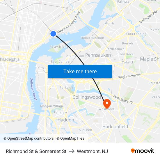 Richmond St & Somerset St to Westmont, NJ map